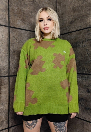 Puzzle sweater knitted retro game jumper preppy top green