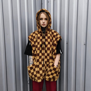 Checked fleece jacket brown hooded geometric bomber plaid grunge coat detachable sleeves handmade check pattern overcoat fuzzy festival set