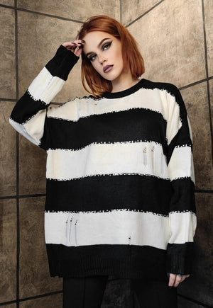 Punk stripe sweater distressed grunge jumper in white black