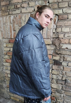 Faux leather quilted bomber PU padded puffer jacket in blue