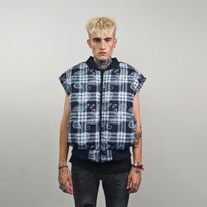 Paisley print bomber black white check jacket plaid reversible bandanna pattern college varsity detachable sleeves handmade tartan coat