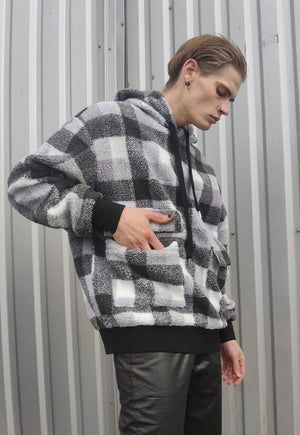 Tartan fleece hoodie fluffy check pullover in grey SKA print