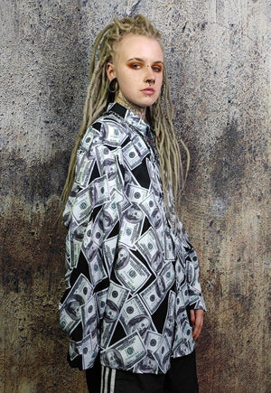 Dollar shirt money print long sleeve top in white black