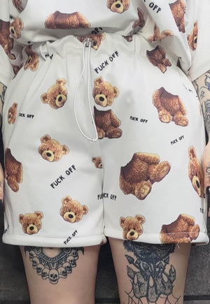 Teddy bear shorts handmade animal print overalls in cream