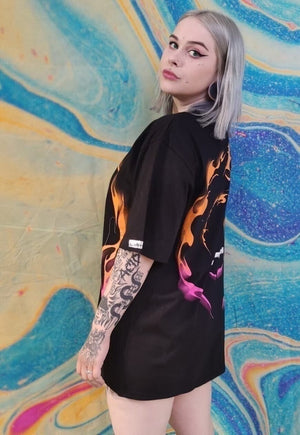 Flame print t-shirt rainbow fire dress lighting tee in black