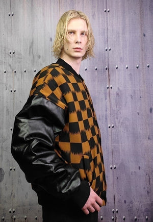 Drop shoulder varsity jacket faux leather check jacket brown