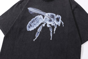 Bee print t-shirt x-ray tee creepy psychedelic top in vintage grey