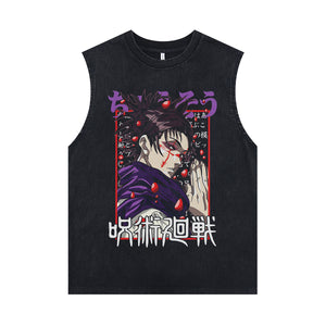 Anime boy sleeveless t-shirt vintage cartoon vest retro Japanese anime tank top in acid wash black