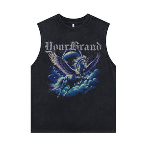 Unicorn print sleeveless t-shirt retro cartoon surfer vest 90s fantasy tank top in acid wash black