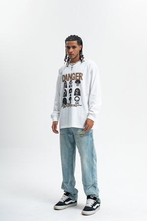 Danger slogan jumper skull print top 90s gothic poster long sleeve t-shirt in brown