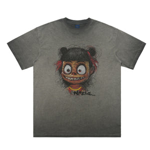 Scary cartoon t-shirt creepy anime top grunge retro horror tee in Grey