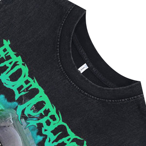 Creepy spaceman sleeveless t-shirt psychedelic cartoon vest 00s astronaut poster tank top in acid wash black