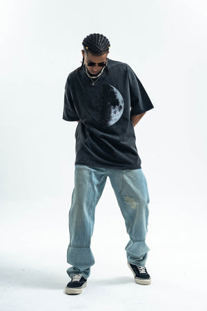 Moon print t-shirt space top grunge raver tee in grey