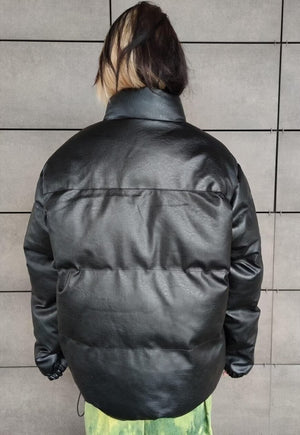 Faux leather quilted bomber padded puffer jacket in black