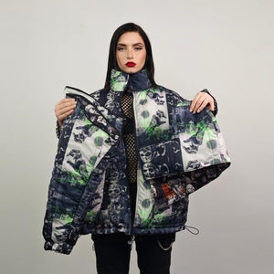 Zombie print jacket horror fan bomber reversible creepy punk college varsity detachable sleeves handmade gothic puffer hooded festival coat
