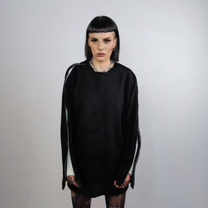 Contrast sweatshirt extreme zipper top utility jumper long sleeve tee gorpcore pullover punk t-shirt in black white