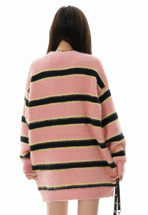 Striped fluffy sweater knitted jumper soft pullover in pink