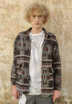 Aztec print thick shirt loose retro geometric jacket brown