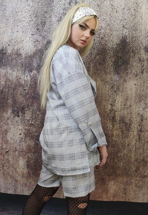 Plaid check sports suit casual loose fit shorts blazer set