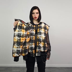 Tie-dye check bomber yellow tartan jacket raver reversible college varsity detachable sleeves handmade plaid puffer grunge punk rocker coat