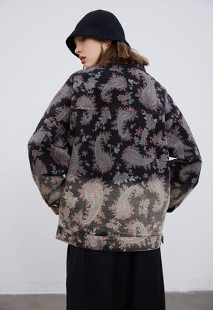 Paisley denim jacket tie-dye Floral jean blazer in brown