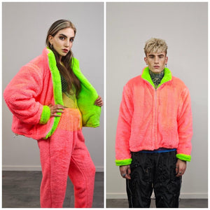Neon green fleece joggers rave pants fluorescent trousers carnival tracksuit party overalls fluffy jumpsuit fuzzy burning man festival set