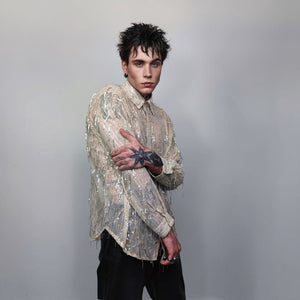 Transparent sequin mesh shirt long sleeve tassels blouse sheer catwalk jumper party see-through top curved shiny festival top in cream