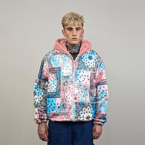 Pink paisley jacket reversible fleece hood bandanna bomber retro geometric cashew coat detachable sleeve overcoat fluffy tiedye festival set