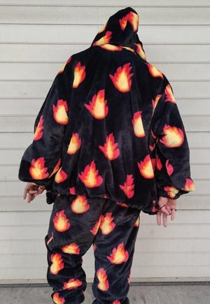 Flame fleece jacket hand made fire bolt hood bomber in black