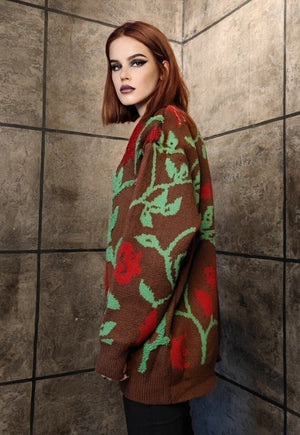 Floral applique sweater rose patch jumper flower top brown
