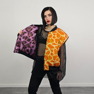 Giraffe bomber animal print jacket orange wildlife reversible college varsity detachable sleeves handmade raver puffer tribal African coat