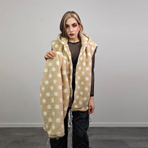 Polka dot fleece jacket beige spot pattern hood bomber retro geometric coat detachable sleeves handmade preppy overcoat fluffy festival set