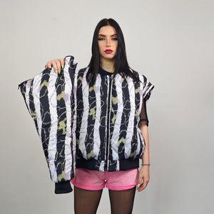 Vertical stripe bomber black white Beetlejuice jacket creepy reversible college varsity detachable sleeves handmade horror fan grunge coat