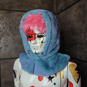 Faux fur hood pink orange snood handmade hooded hat luminous cap all over fluffy fleece scarf unisex bucket grunge winter festival headwear