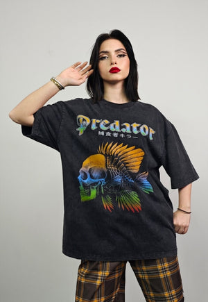 Fish bone t-shirt predator slogan tee retro top vintage grey