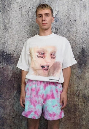 Tie-dye fleece shorts handmade gradient overalls in pink