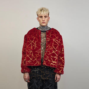 Collarless going out coat red gold glitter trench shiny embellished fleece jacket detachable sleeves handmade party overcoat festival set