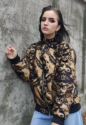 Embroidered paisley varsity jacket bandana bomber in golden