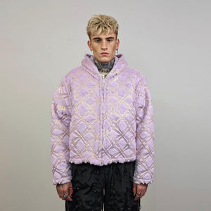 Cropped going out coat purple gold glitter jacket shiny embellished fleece bomber detachable sleeves handmade party trench festival set