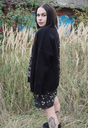 Ripped sweater contrast stitch stripe jumper in black grey