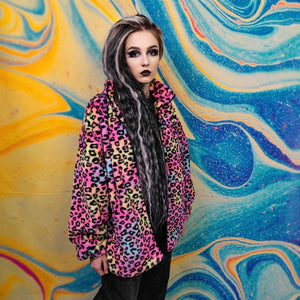 Leopard fleece jacket fluffy rainbow track jacket faux fur animal print bomber festival jacket rainbow coat pride jacket in pink purple