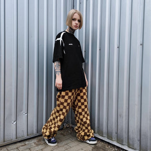 Checked fleece joggers brown Fluffy plaid trousers luxury SKA check pants handmade party hotpants geometric festival set raver tracksuit