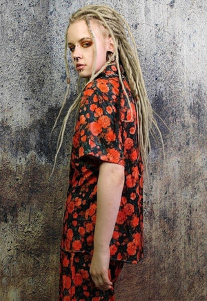 Rose shirt floral print short sleeve top in red black