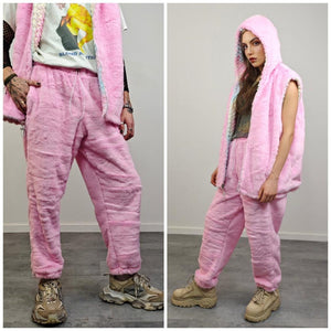 Pink faux fur joggers ski pants fleece trousers retro rave overalls fluffy bottoms festival set burning man outfit winter hotpants