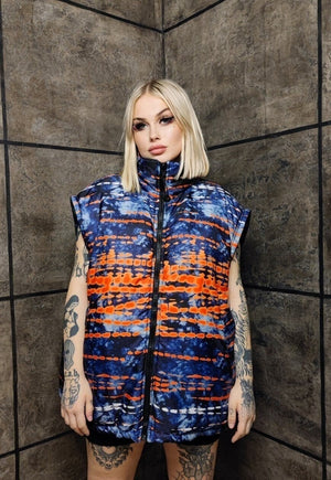 Tie-dye bomber handmade detachable graffiti puffer devil horn jacket abstract gradient print reversible coat in blue orange