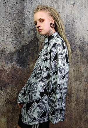 Dollar shirt money print long sleeve top in white black