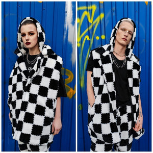 Checked trench coat faux fur white black overcoat plaid jacket SKA bomber detachable sleeves handmade rave puffer festival Coachella fleece