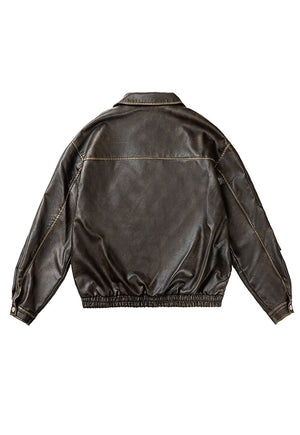 Faux leather aviator jacket brown vintage wash varsity