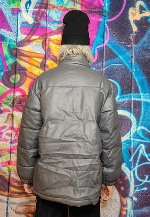 Faux leather quilted bomber PU padded puffer jacket in grey