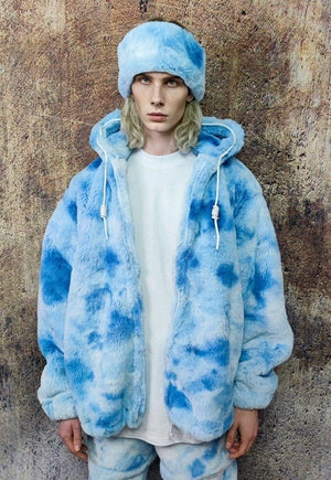 Tie-dye fleece jacket detachable faux fur fest bomber blue